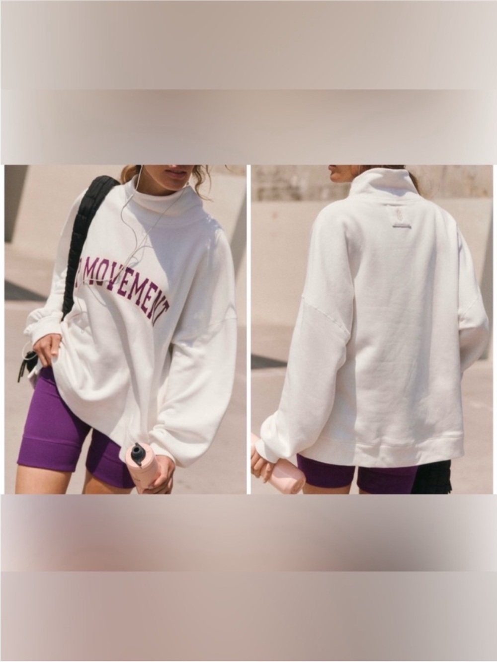 Free People White 'MOVEMENT' Mock Neck Sweatshirt with Purple Lettering